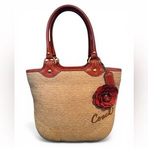 Coach Legacy Bleecker Straw/Leather Flower Tote Bag